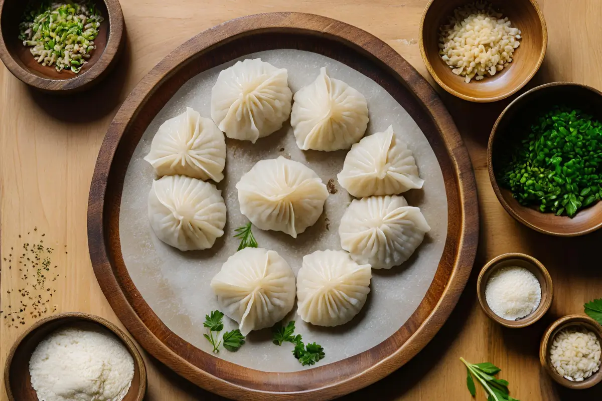 Freshly made rice dumplings on a wooden plate.