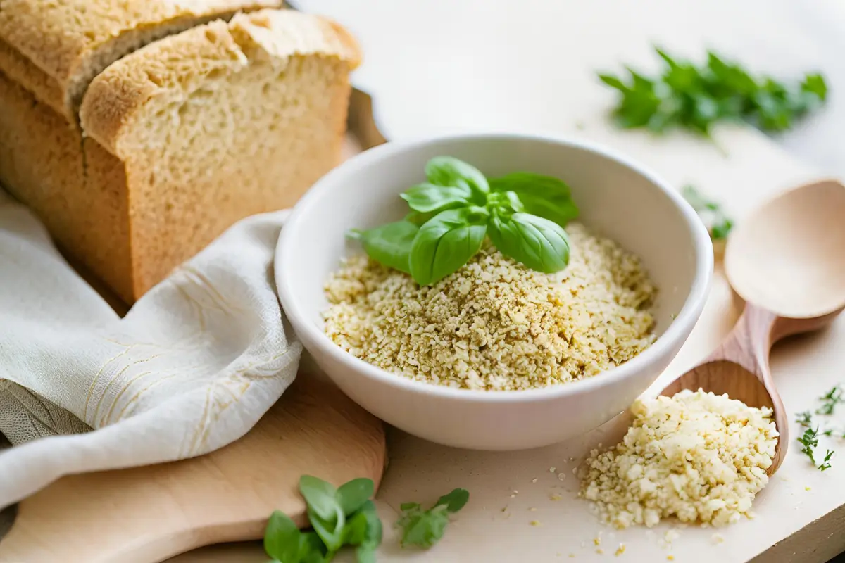 Bowl of golden gluten free bread crumbs with herbs and bread slices.