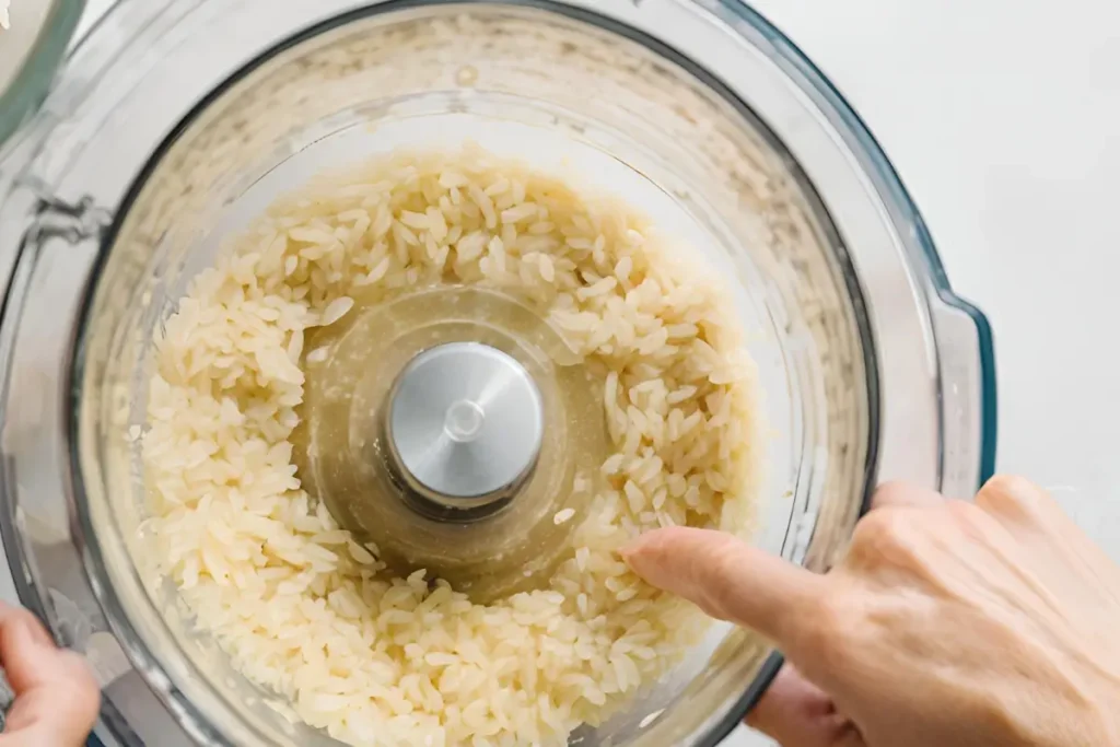 Blending leftover rice into a paste in a food processor.