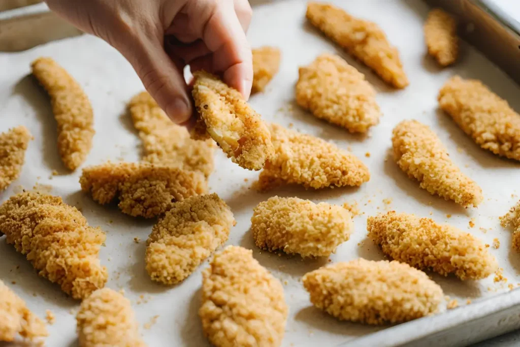 Hands breading chicken tenders with gluten free bread crumbs.