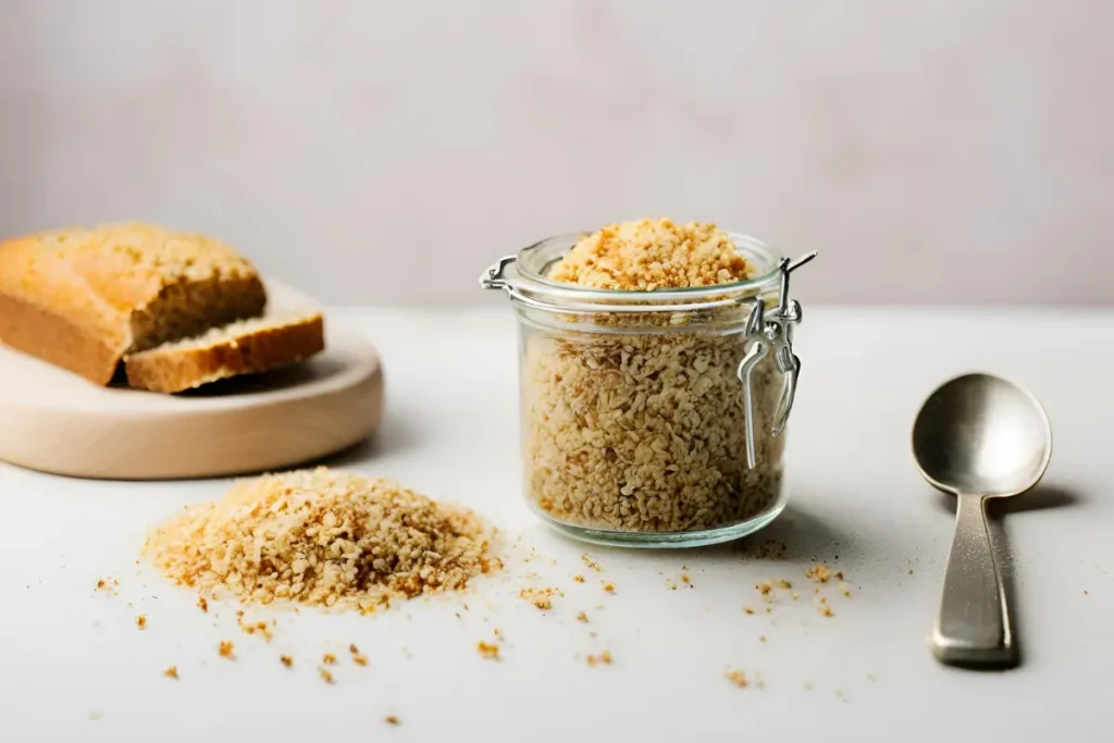 Jar of homemade gluten free bread crumbs with a spoon.