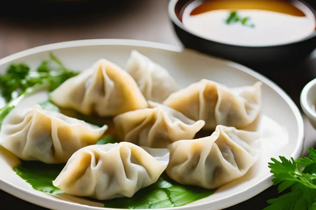 Steamed and pan-fried dumplings served with dipping sauces.