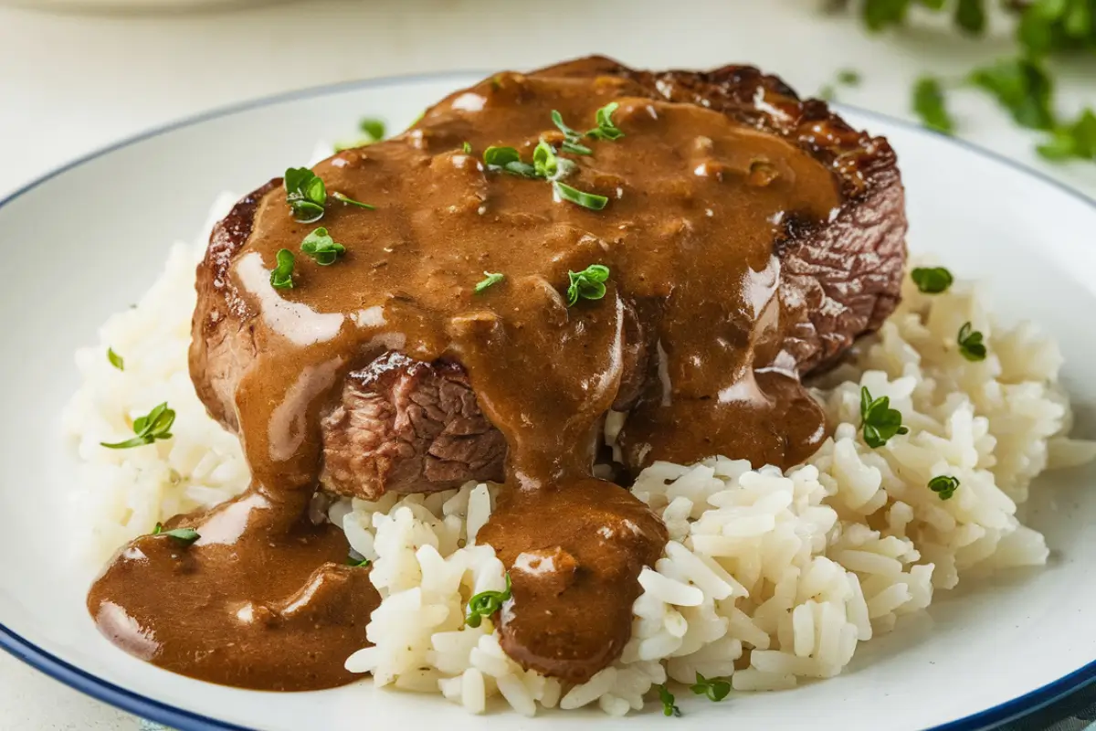 Tender smothered steak in rich gravy over rice. A comforting, flavorful meal.