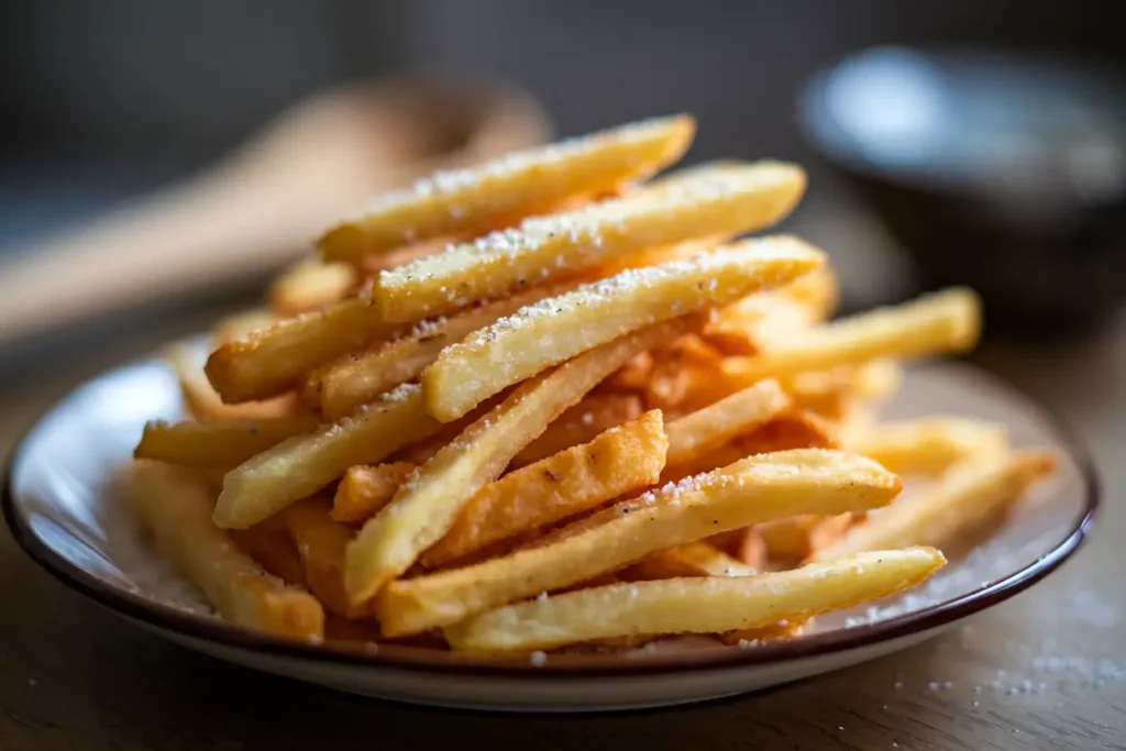 Close-up of crispy battered fries piled high on a plate, perfect as a side dish. Crispy Battered Fries Close-Up These golden-brown battered fries are crispy on the outside and fluffy on the inside. The perfect side for any meal! A close-up shot of a pile of golden battered fries, highlighting their crispy texture and inviting appearance.