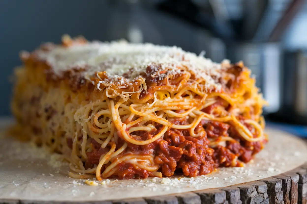 A close-up of Million Dollar Spaghetti casserole, showcasing layers of pasta, cheese, and meat sauce.