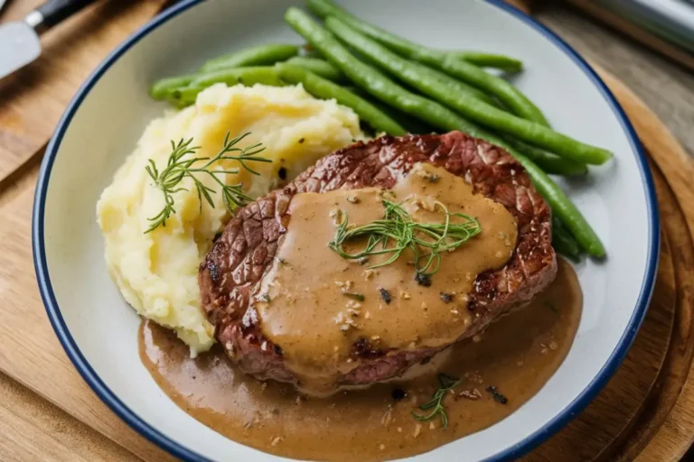 Smothered cube steak with mashed potatoes and green beans. Perfect comfort food.