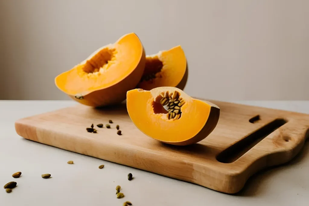 Fresh butternut squash on a wooden board