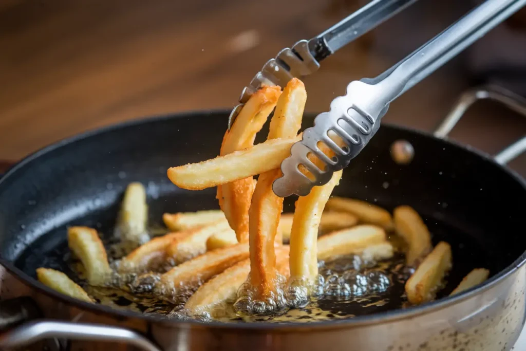 Golden battered French fries being lifted from the fryer, ready to be enjoyed.