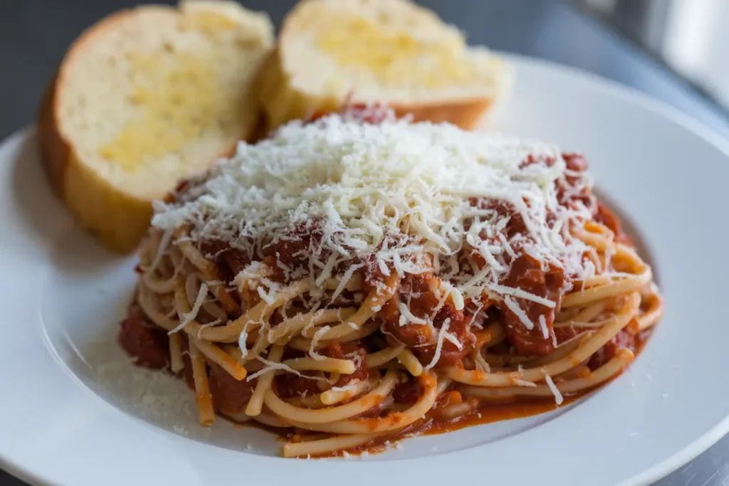 A plate of Million Dollar Spaghetti, served with a side of garlic bread for the perfect meal combination.