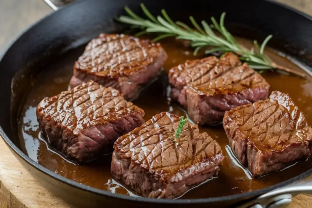 Seared cube steak in a skillet, about to be smothered in gravy.