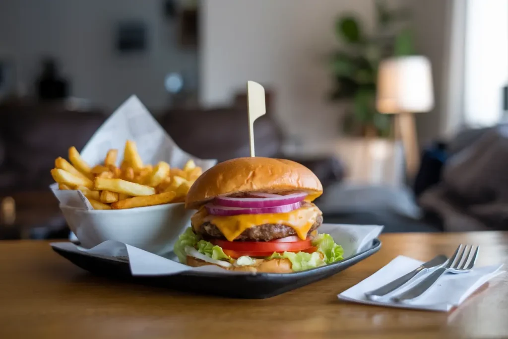 Battered fries served next to a juicy burger, a classic and satisfying meal.