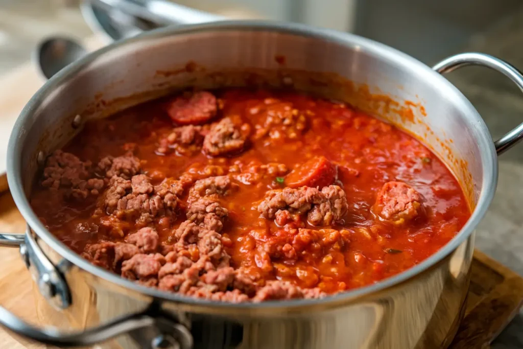 A simmering meat sauce made with ground beef and Italian sausage, ready for the casserole.